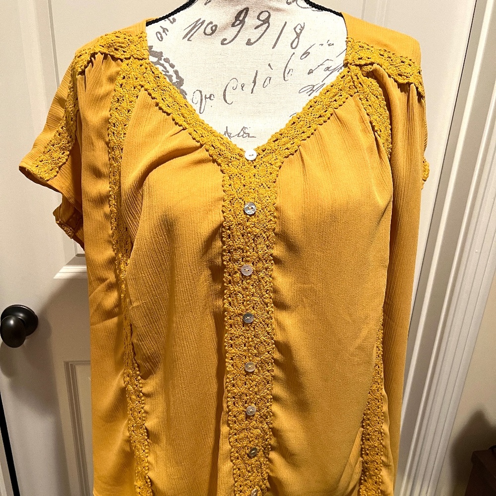 Allie Rose Mustard Lace Blouse Mother of Pearl Buttons